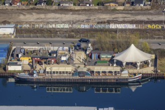 Aerial view, harbour Dortmund, ship and gastronomy Walter, harbour, Dortmund, Ruhr area, North