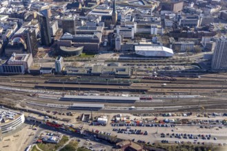 Aerial view, construction site with reconstruction and new construction of platforms at Dortmund