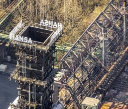 Aerial view, industrial monument Hansa coking plant, construction work on salt factory, screening
