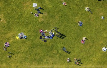 Aerial view, the Tremoniapark a large playground and sunbathing lawn, spring weather on Dortmund's
