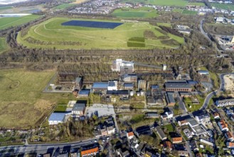 Aerial view, industrial monument Hansa coking plant, construction work on salt factory, screening