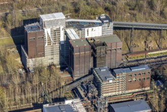 Aerial view, industrial monument Hansa coking plant, construction work on salt factory, screening