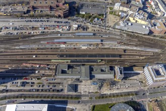 Aerial view, construction site with reconstruction and new construction of platforms at Dortmund