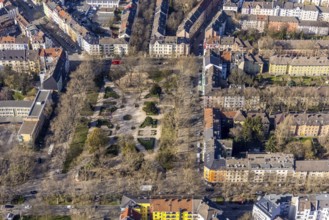 Aerial view, Nordmarkt, petanque court, boules court on the Nordmarkt, Nordmarkt primary school,