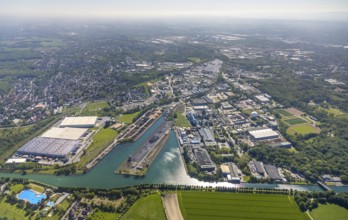 Aerial view, Lindhorster Hafen, coal harbour of the inland port Dortmunder Hafen AG in Dortmund in