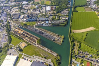 Aerial view, Lindhorster Hafen, coal harbour of the inland port Dortmunder Hafen AG in Dortmund in