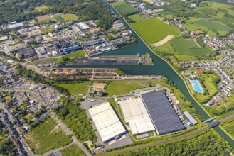 Aerial view, Lindhorster Hafen, coal harbour of the inland port Dortmunder Hafen AG in Dortmund in