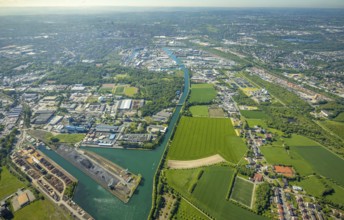 Aerial view, Lindhorster Hafen, coal harbour of the inland port Dortmunder Hafen AG in Dortmund in