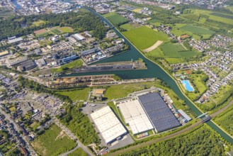 Aerial view, Lindhorster Hafen, coal harbour of the inland port Dortmunder Hafen AG in Dortmund in