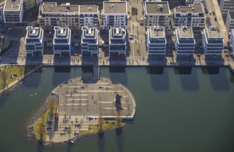 Aerial view, sunbathing at Lake Phoenix, spring weather on Dortmund's sunbathing lawns, Dortmund,
