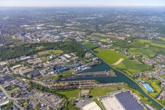Aerial view, Lindhorster Hafen, coal harbour of the inland port Dortmunder Hafen AG in Dortmund in