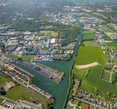 Aerial view, Lindhorster Hafen, coal harbour of the inland port Dortmunder Hafen AG in Dortmund in