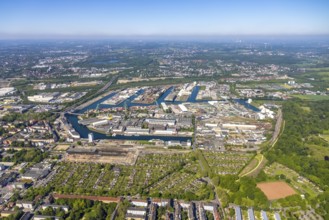 Aerial view, coal harbour of the inland port Dortmunder Hafen AG in Dortmund in the federal state