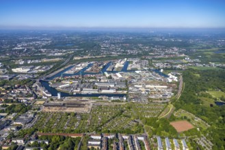 Aerial view, coal harbour of the inland port Dortmunder Hafen AG in Dortmund in the federal state