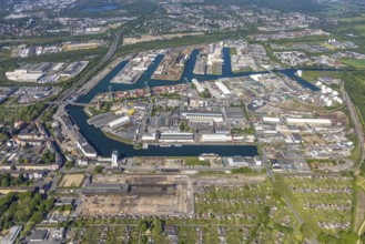 Aerial view, coal harbour of the inland port Dortmunder Hafen AG in Dortmund in the federal state