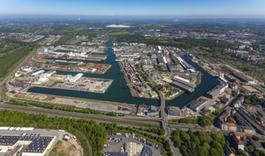 Aerial view, coal harbour of the inland port Dortmunder Hafen AG in Dortmund in the federal state