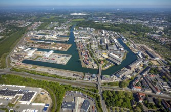Aerial view, coal harbour of the inland port Dortmunder Hafen AG in Dortmund in the federal state