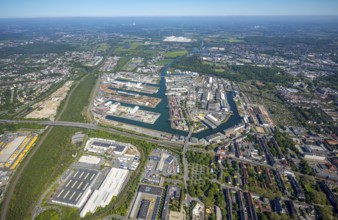 Aerial view, coal harbour of the inland port Dortmunder Hafen AG in Dortmund in the federal state