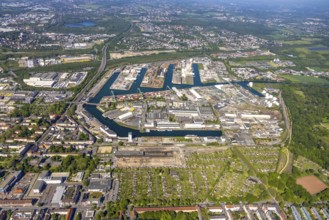 Aerial view, coal harbour of the inland port Dortmunder Hafen AG in Dortmund in the federal state