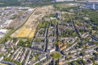 Aerial view, construction site former Westfalenhütte, Kaiserbrunnen, Borsigplatz, Dortmund, Ruhr