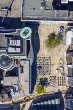 Aerial view, outdoor catering Alter Markt with brass fountain, City, Dortmund, Ruhr area, North