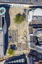 Aerial view, outdoor gastronomy Alter Markt with brass fountain, city, Dortmund, Ruhr area, North