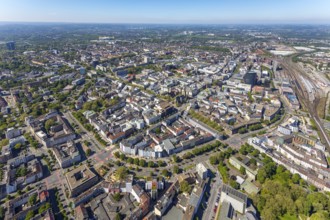 Aerial view, city of Dortmund, city centre view with wall, RWE Tower black skyscraper,