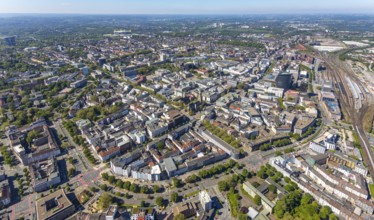 Aerial view, city of Dortmund, city centre view with wall, RWE Tower black skyscraper,
