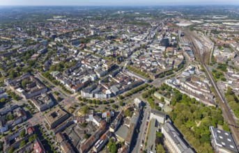 Aerial view, city of Dortmund, city centre view with wall, RWE Tower black skyscraper,