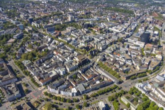 Aerial view, city of Dortmund, city centre view with wall, RWE Tower black skyscraper, city,