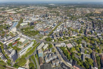 Aerial view, city of Dortmund, city centre view with wall, RWE Tower black skyscraper,