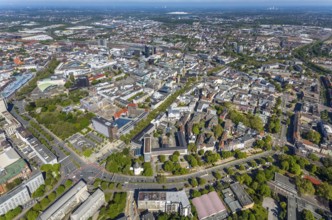 Aerial view, city of Dortmund, city centre view with wall, RWE Tower black skyscraper,