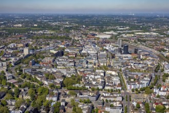 Aerial view, city of Dortmund, city centre view with wall, RWE Tower black skyscraper,
