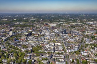 Aerial view, city of Dortmund, city centre view with wall, RWE Tower black skyscraper,