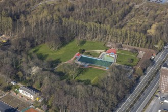 Aerial view, Stockheide outdoor swimming pool in Hoeschpark, Kaiserbrunnen, Dortmund, Ruhr area,