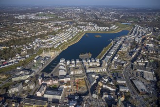 Aerial view, sunbathing at Lake Phoenix, spring weather on Dortmund's sunbathing lawns, Dortmund,