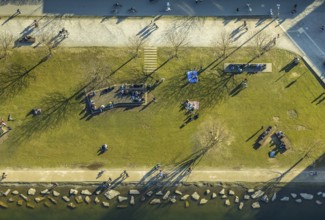 Aerial view, sunbathing at Lake Phoenix, spring weather on Dortmund's sunbathing lawns, Dortmund,