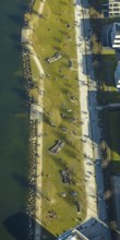 Aerial view, sunbathing at Lake Phoenix, spring weather on Dortmund's sunbathing lawns, Dortmund,