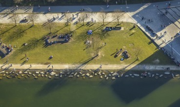 Aerial view, sunbathing at Lake Phoenix, spring weather on Dortmund's sunbathing lawns, Dortmund,