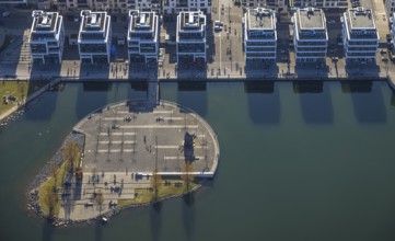 Aerial view, sunbathing at Lake Phoenix, spring weather on Dortmund's sunbathing lawns, Dortmund,