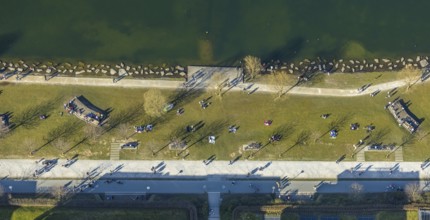Aerial view, sunbathing at Lake Phoenix, spring weather on Dortmund's sunbathing lawns, Dortmund,