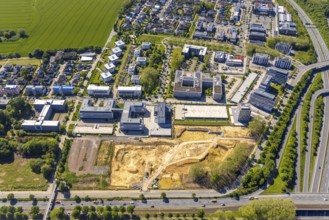 Aerial view, construction site and new building Continentale Directorate, intersection federal road