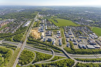 Aerial view, construction site and new building Continentale Directorate, intersection federal road
