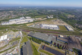 Aerial view, new REWE logistics centre and construction site of the former Westfalenhütte,