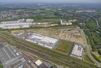 Aerial view, new REWE logistics centre and construction site of the former Westfalenhütte,