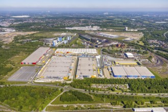 Aerial view, logistics park Westfalenhütte, Amazon logistics, DB Schenker, DHL, Deacthlon, Wambel,