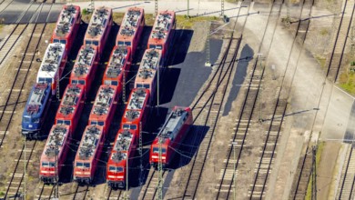 Aerial view, depot, DB class 101, DB class 111, ICE factory Dortmund, Kaiserbrunnen, Dortmund, Ruhr