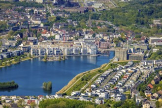 Aerial view, promenade at Phoenix Lake, cultural island, Schüren, Dortmund, Ruhr area, North