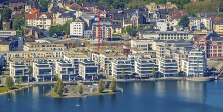 Aerial view, Promenade at Lake Phoenix, Kulturinsel, Aplerbeck, Dortmund, Ruhr area, North