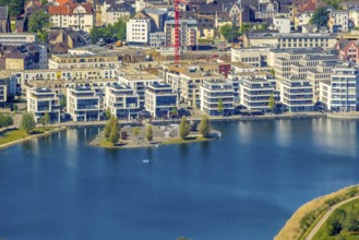 Aerial view, Promenade at Lake Phoenix, Kulturinsel, Aplerbeck, Dortmund, Ruhr area, North